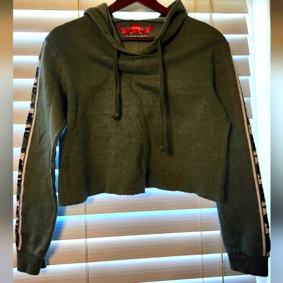 So Nikki Accessories - Women's forest deep green cropped hoodie sweatshirt with black white camo stripe